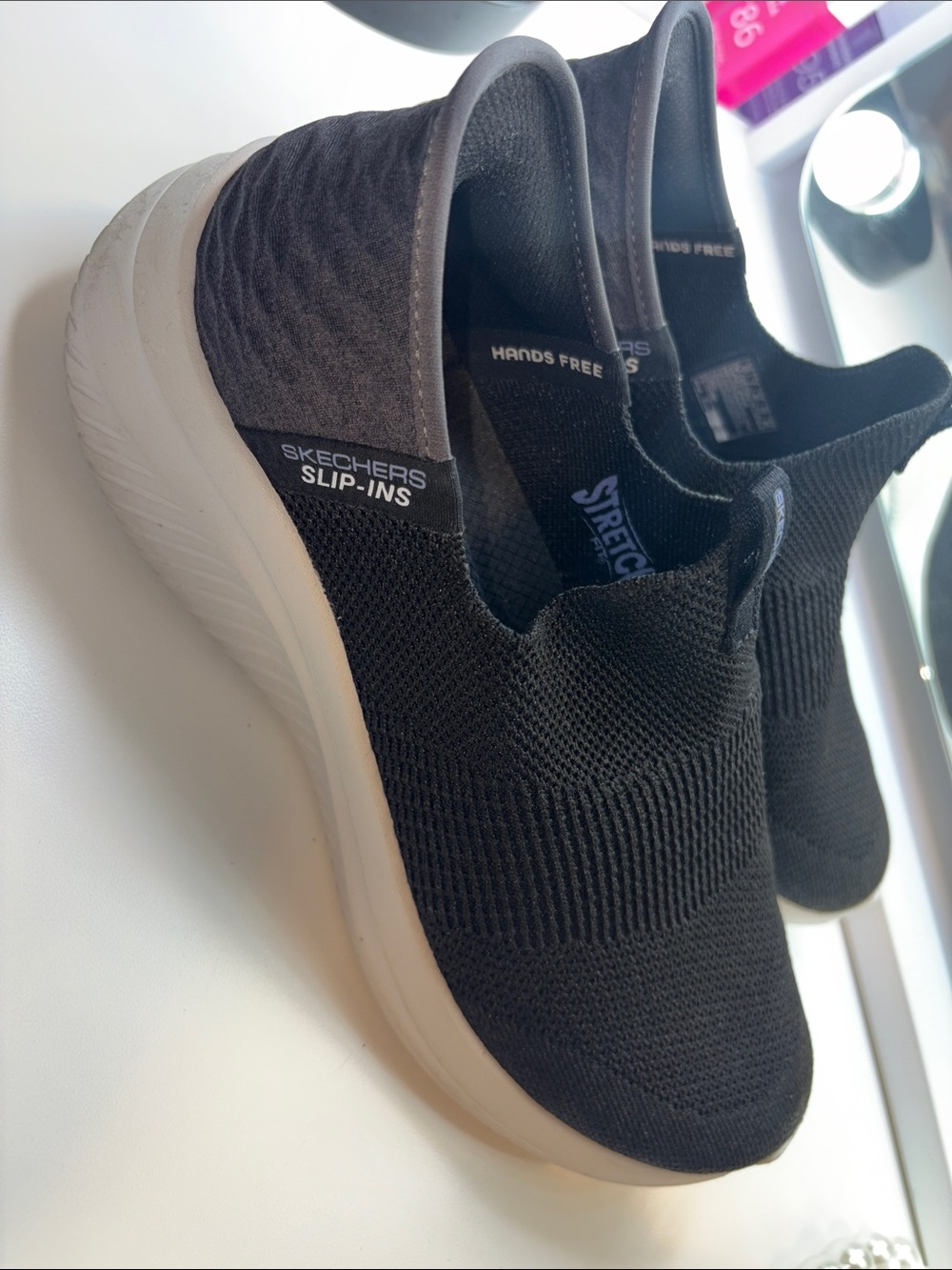 Skechers Men’s Black Knit Slip-On Athletic Sneakers with White Sole